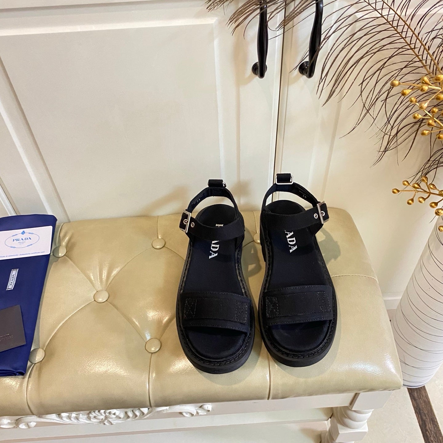 Prada Front Strap Sandal Black Canvas 687802
