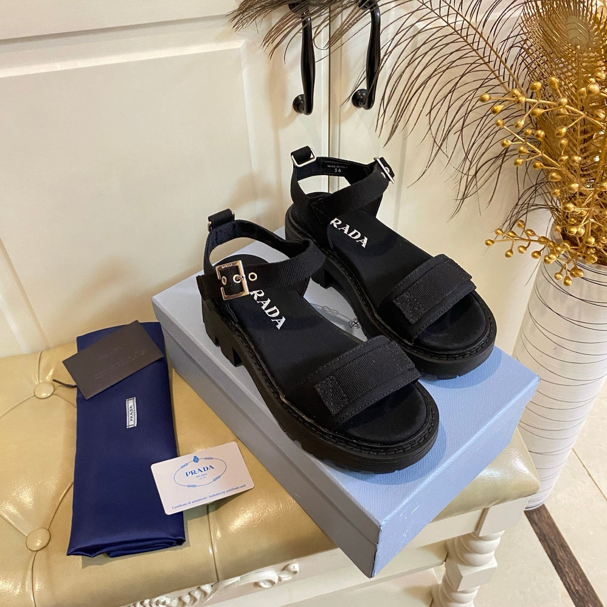 Prada Front Strap Sandal Black Canvas 687802