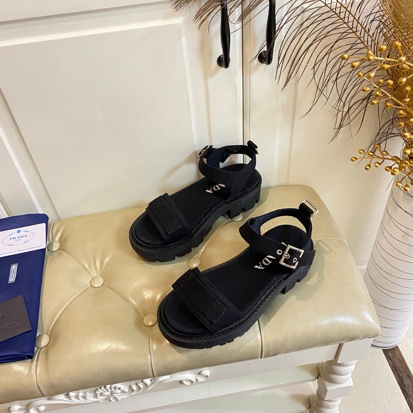 Prada Front Strap Sandal Black Canvas 687802