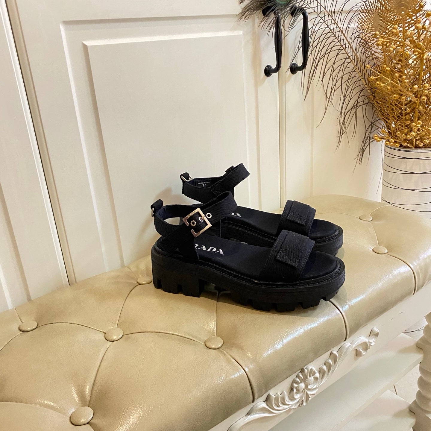 Prada Front Strap Sandal Black Canvas 687802