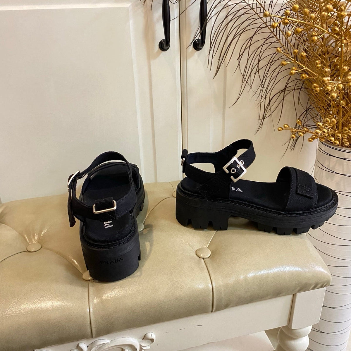 Prada Front Strap Sandal Black Canvas 687802