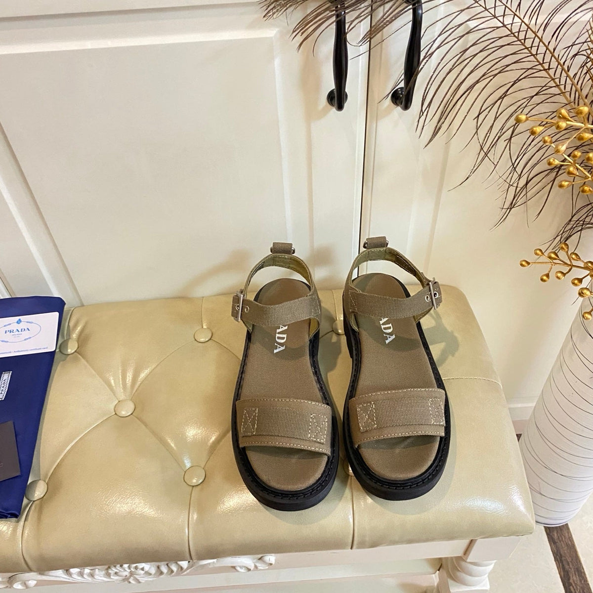 Prada Front Strap Sandal Military Green Canvas 687804