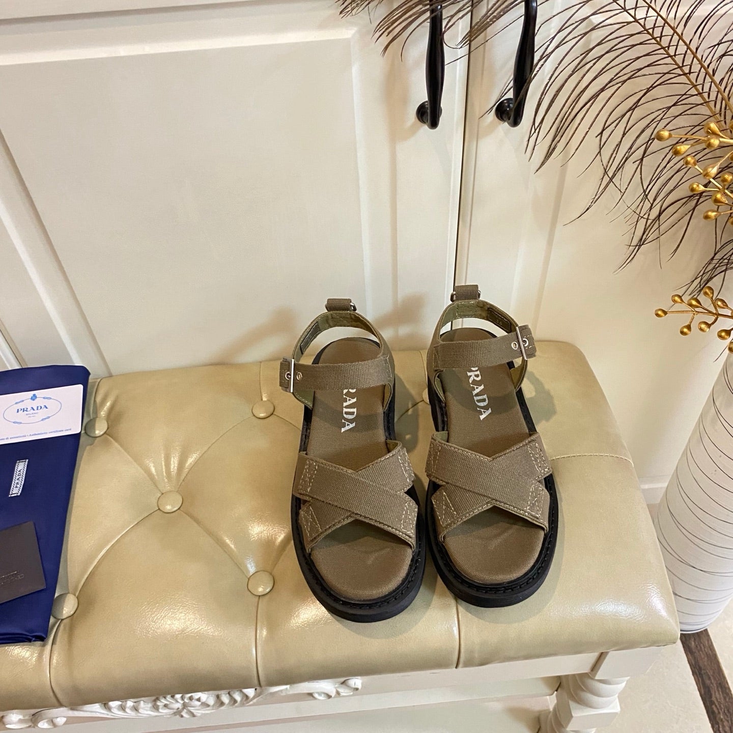 Prada Criss-Cross Sandal Military Green Canvas 687804