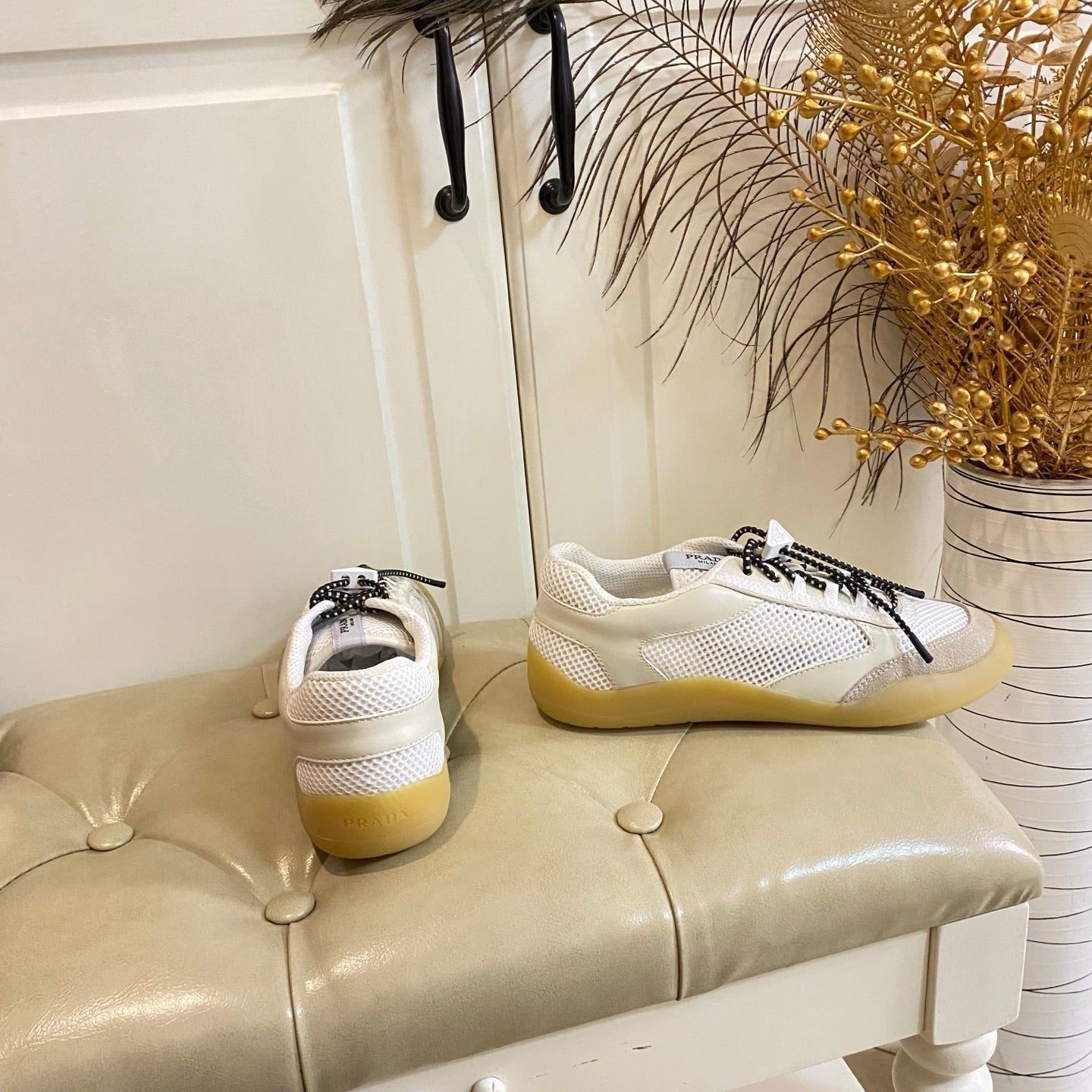 Prada 26s Lace Up Sneakers Chunky Sole In White Tech Fabric And Mesh