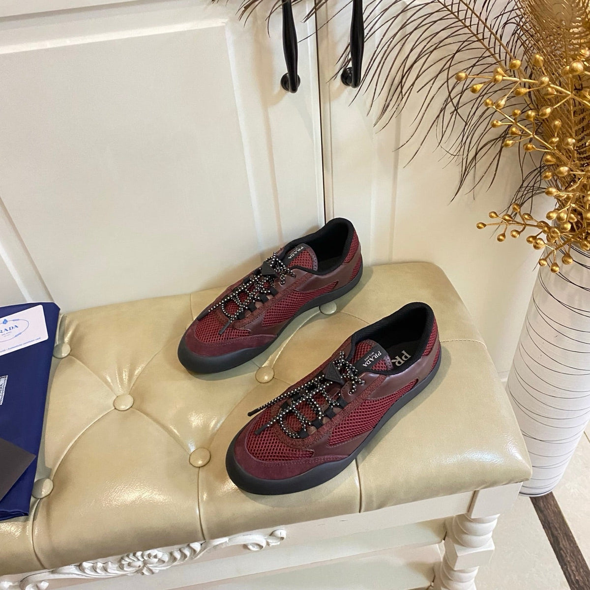Prada 26s Lace Up Sneakers Chunky Sole In Red Tech Fabric And Mesh