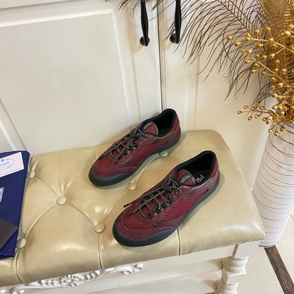 Prada 26s Lace Up Sneakers Chunky Sole In Red Tech Fabric And Mesh