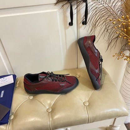 Prada 26s Lace Up Sneakers Chunky Sole In Red Tech Fabric And Mesh