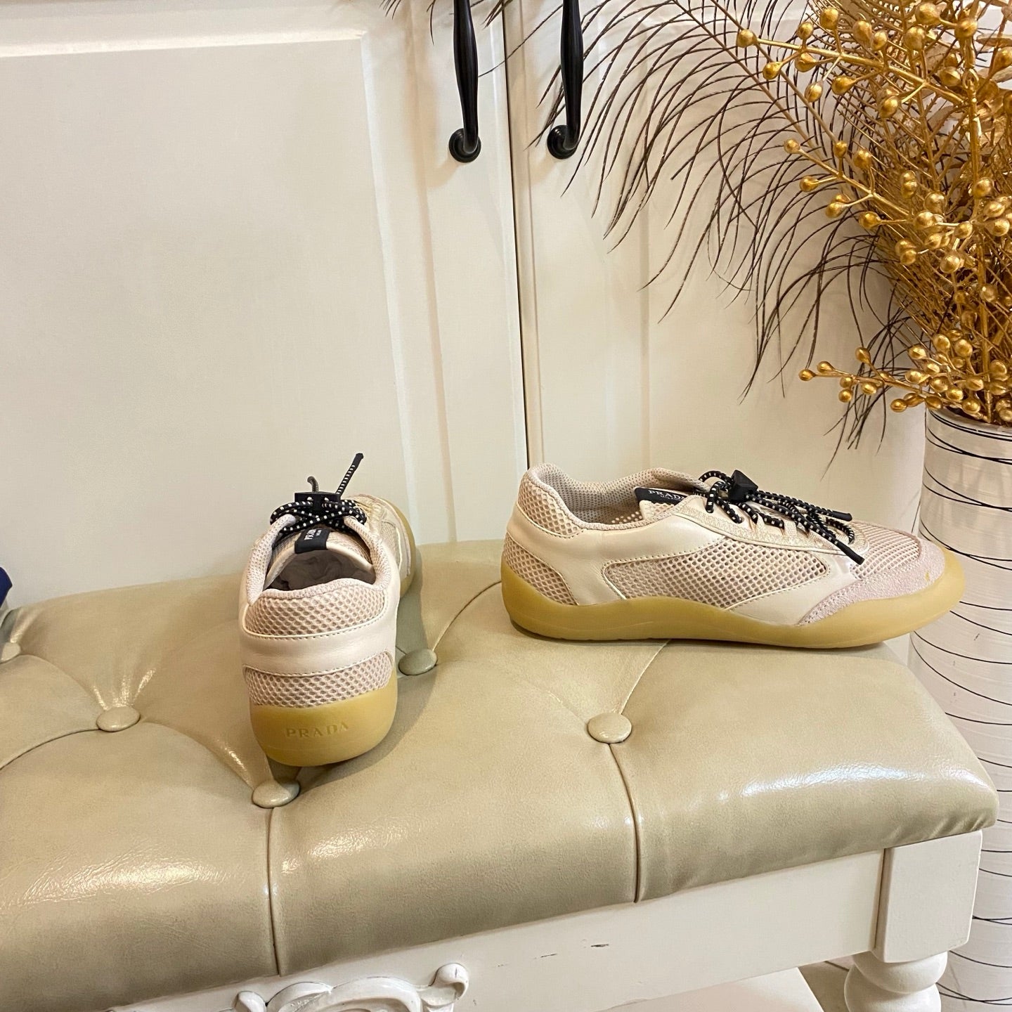 Prada 26s Lace Up Sneakers Chunky Sole In Beige Tech Fabric And Mesh