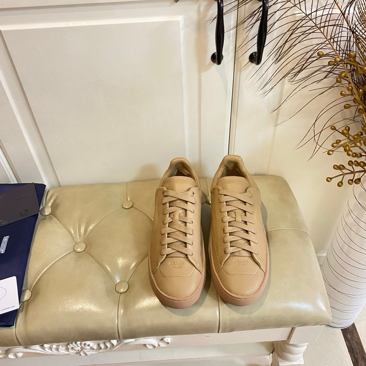 Prada 26s Court Sneakers Full Beige Leather 866068