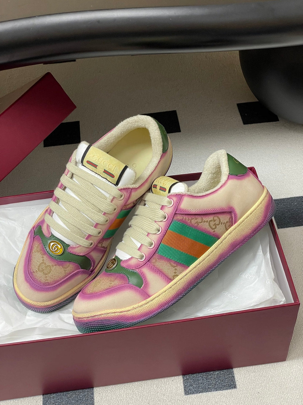GG 26ss Screener Sneaker Beige Purple Green Fabric Calfskin 697904