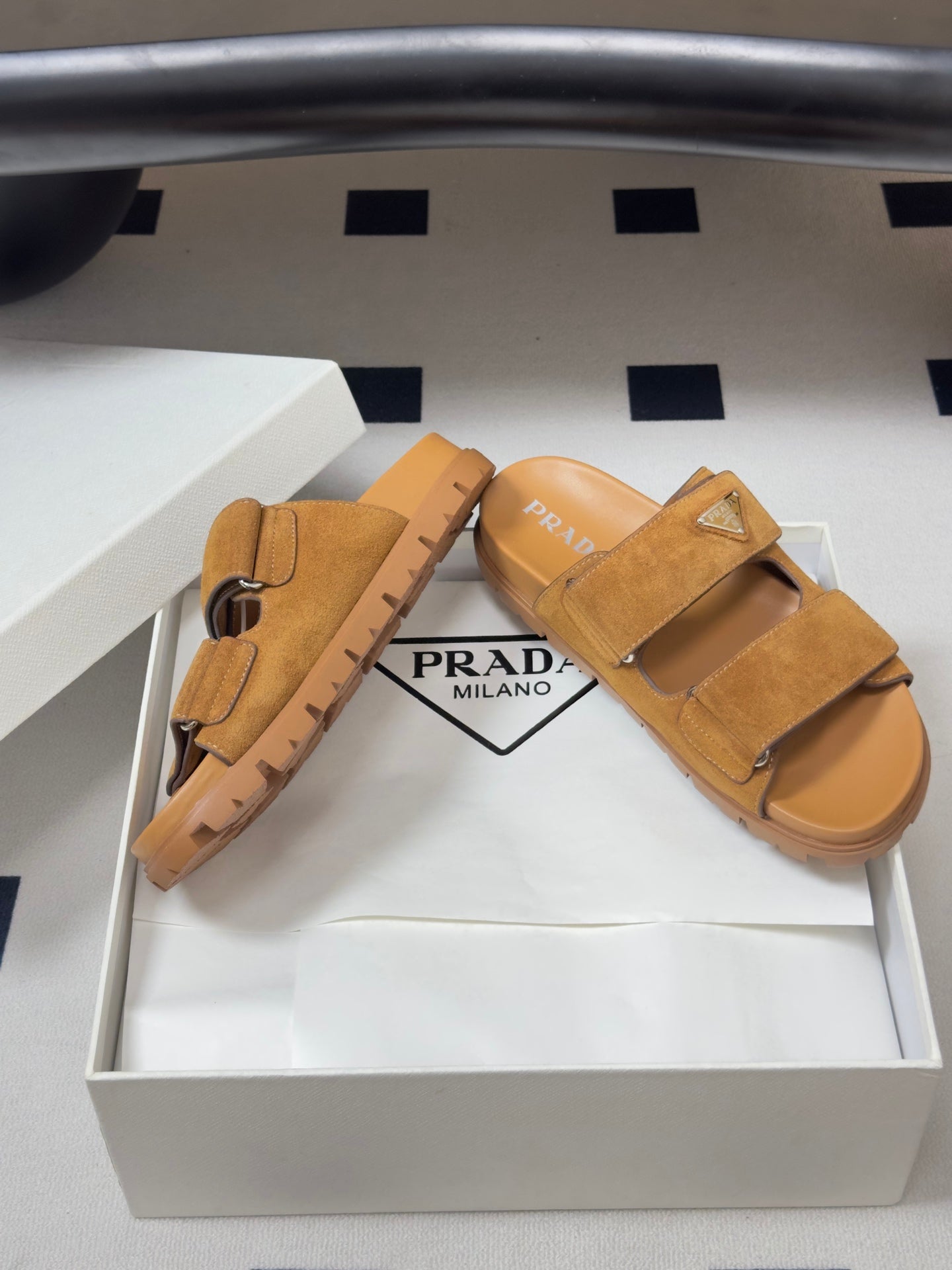 Prada 26s Band Sandals Tan Brown Suede 834766