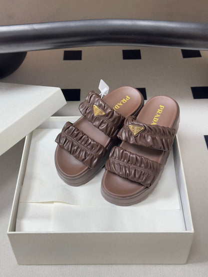 Prada 26s Flatform Slides Brown Matelassé Leather 834767.