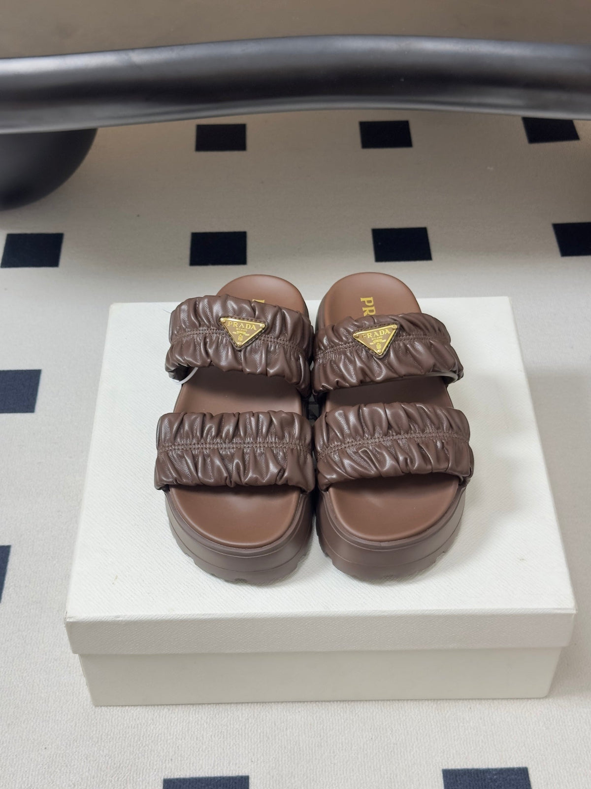 Prada 26s Flatform Slides Brown Matelassé Leather 834767.