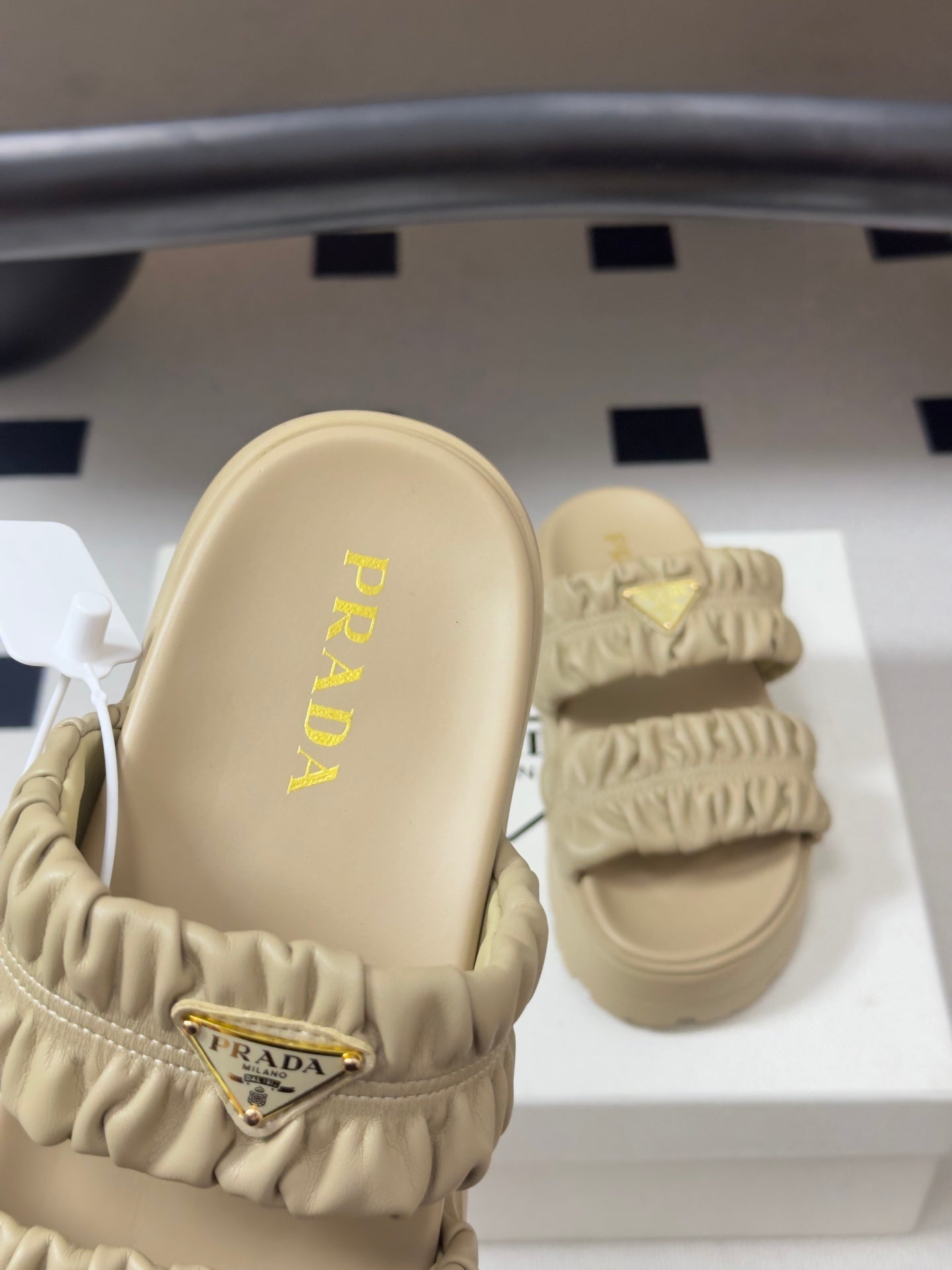 Prada 26s Flatform Slides Beige Matelassé Leather 834768