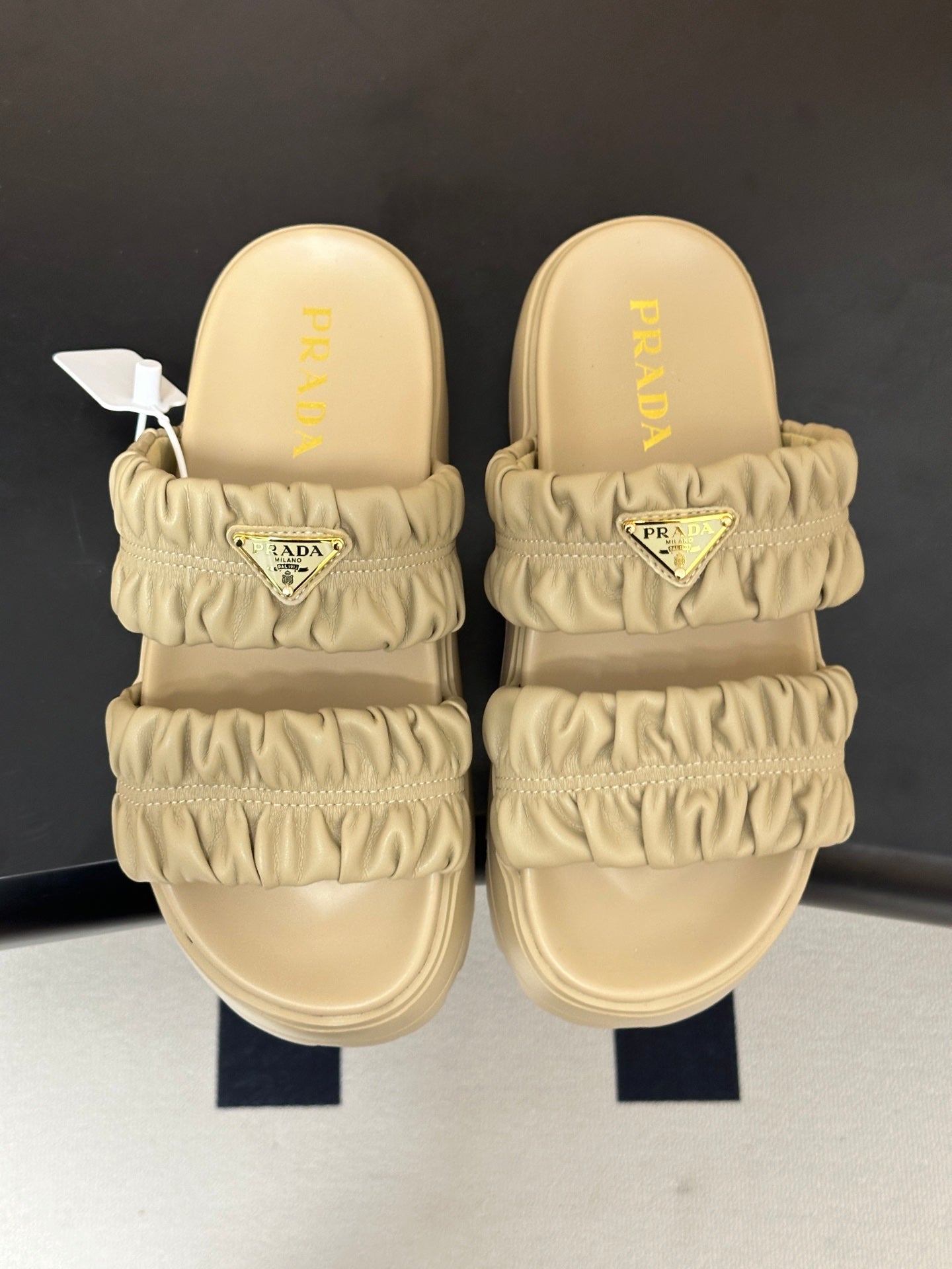 Prada 26s Flatform Slides Beige Matelassé Leather 834768