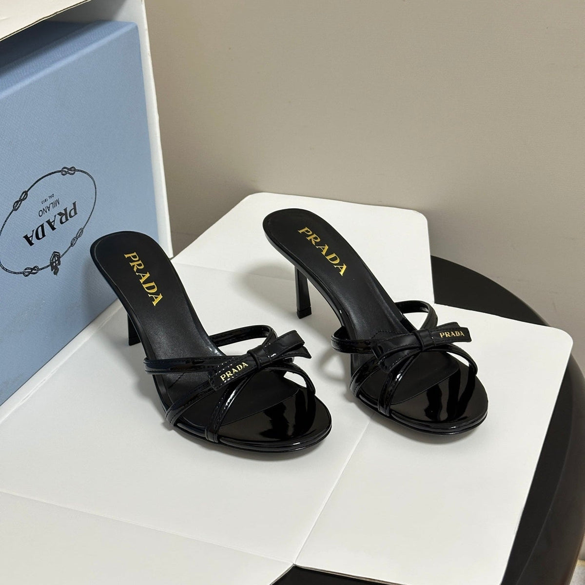 Prada Open-Toe Sandal 7.5cm Black Patent Leather 834807