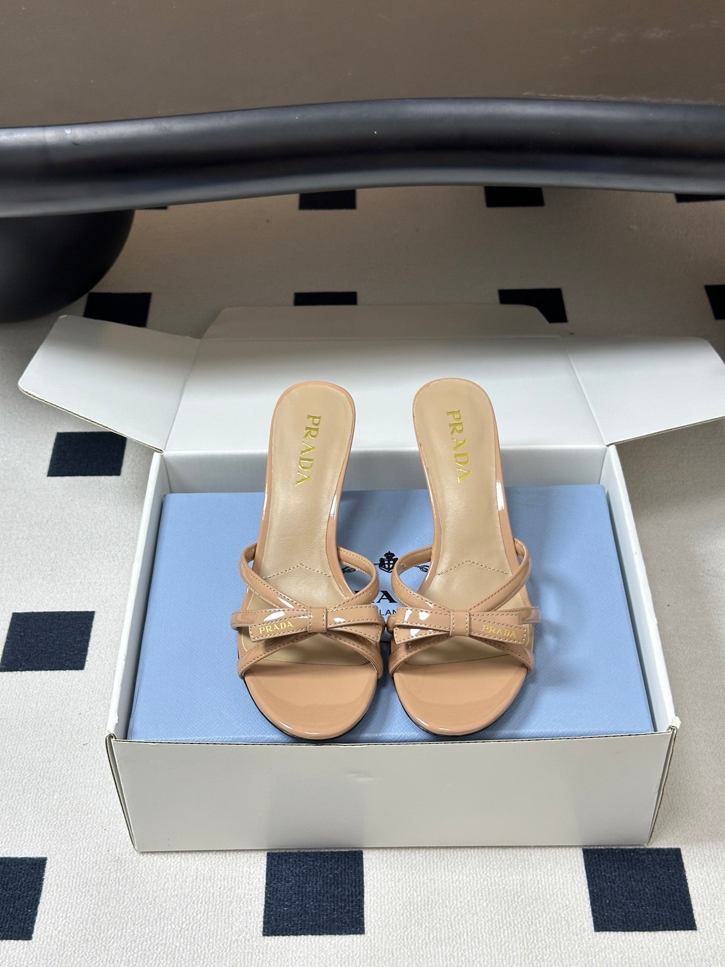 Prada Open-Toe Sandal 7.5cm Beige Patent Leather 834808