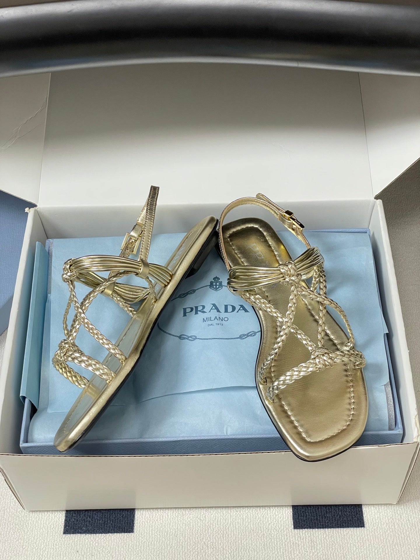 Prada Strappy Flat Sandals Gold Sheepskin 834809