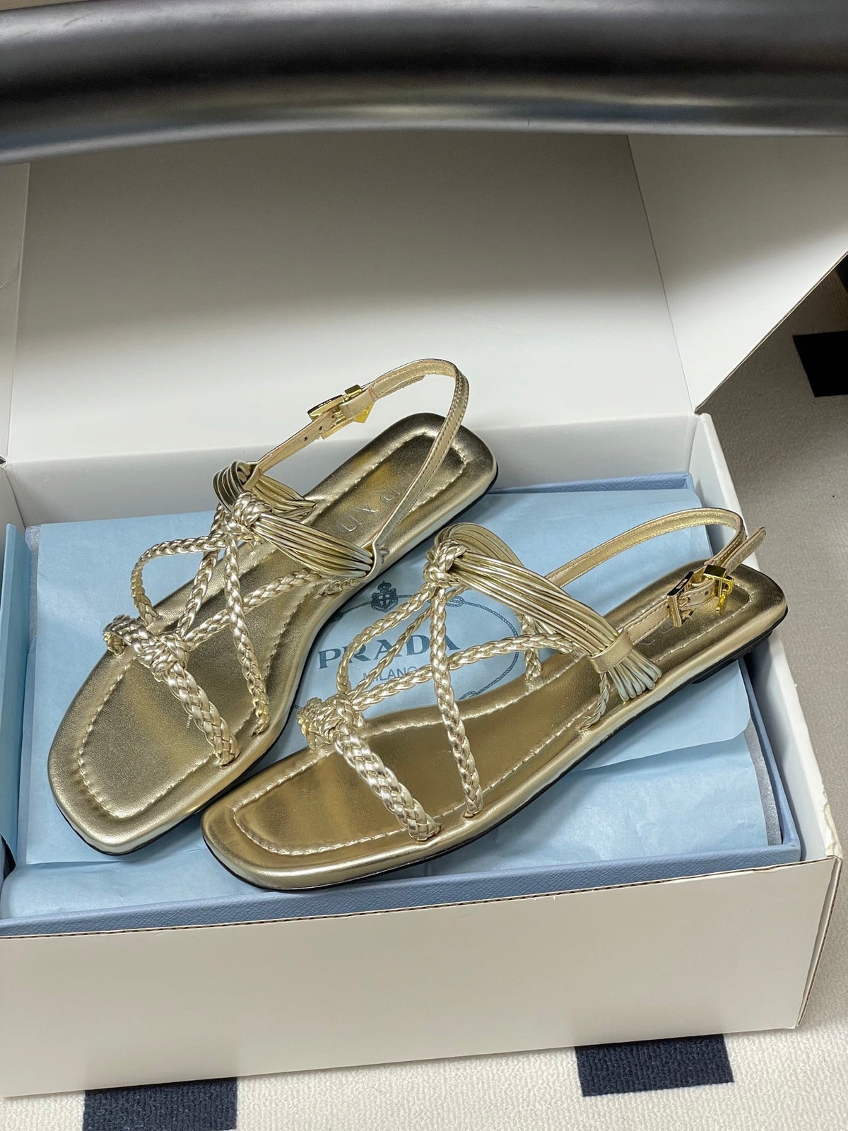 Prada Strappy Flat Sandals Gold Sheepskin 834809
