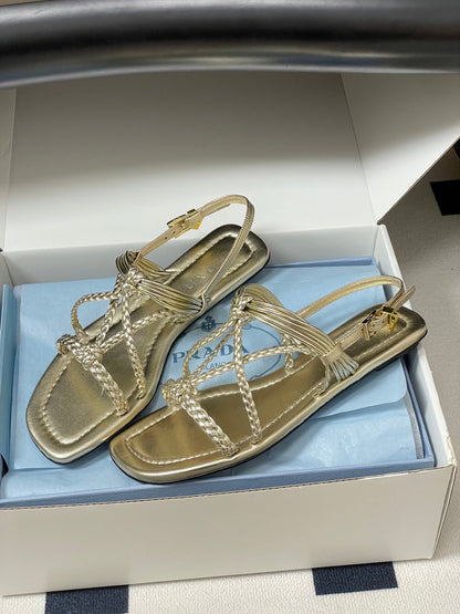 Prada Strappy Flat Sandals Gold Sheepskin 834809