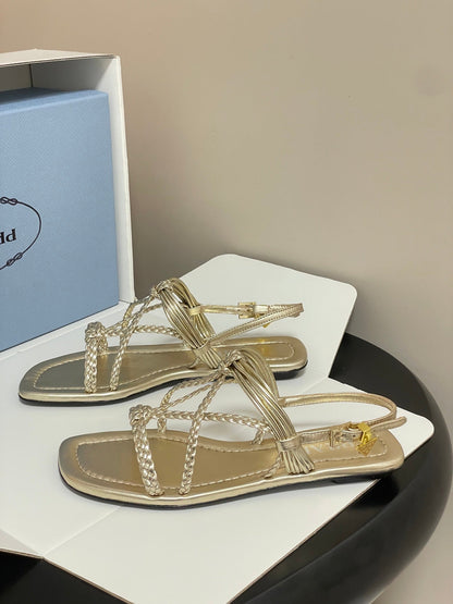 Prada Strappy Flat Sandals Gold Sheepskin 834809