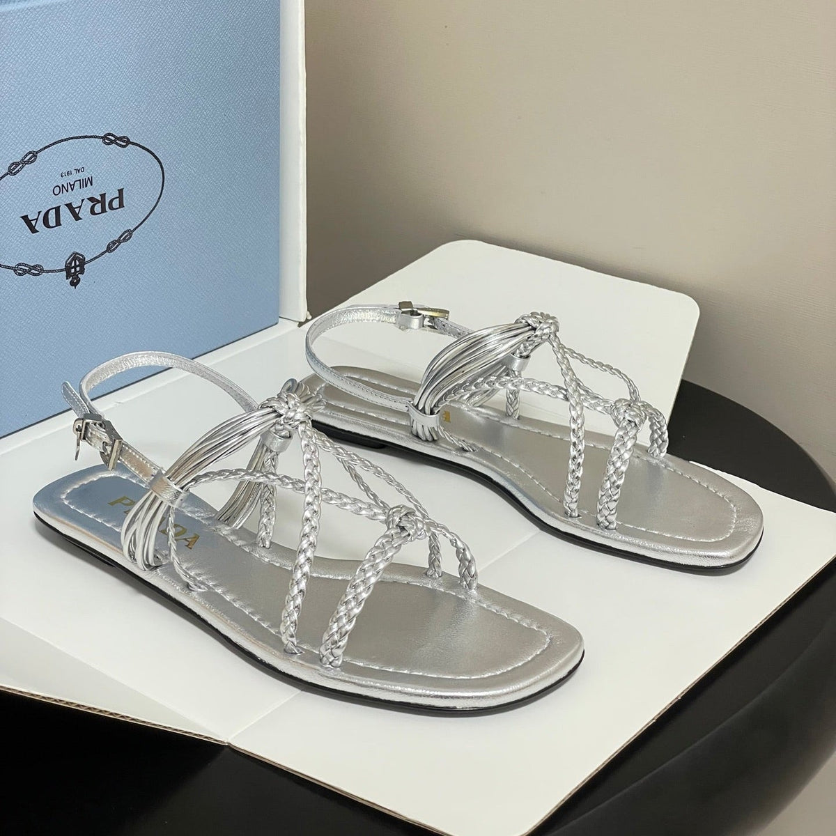 Prada Strappy Flat Sandals Sliver Sheepskin 834810