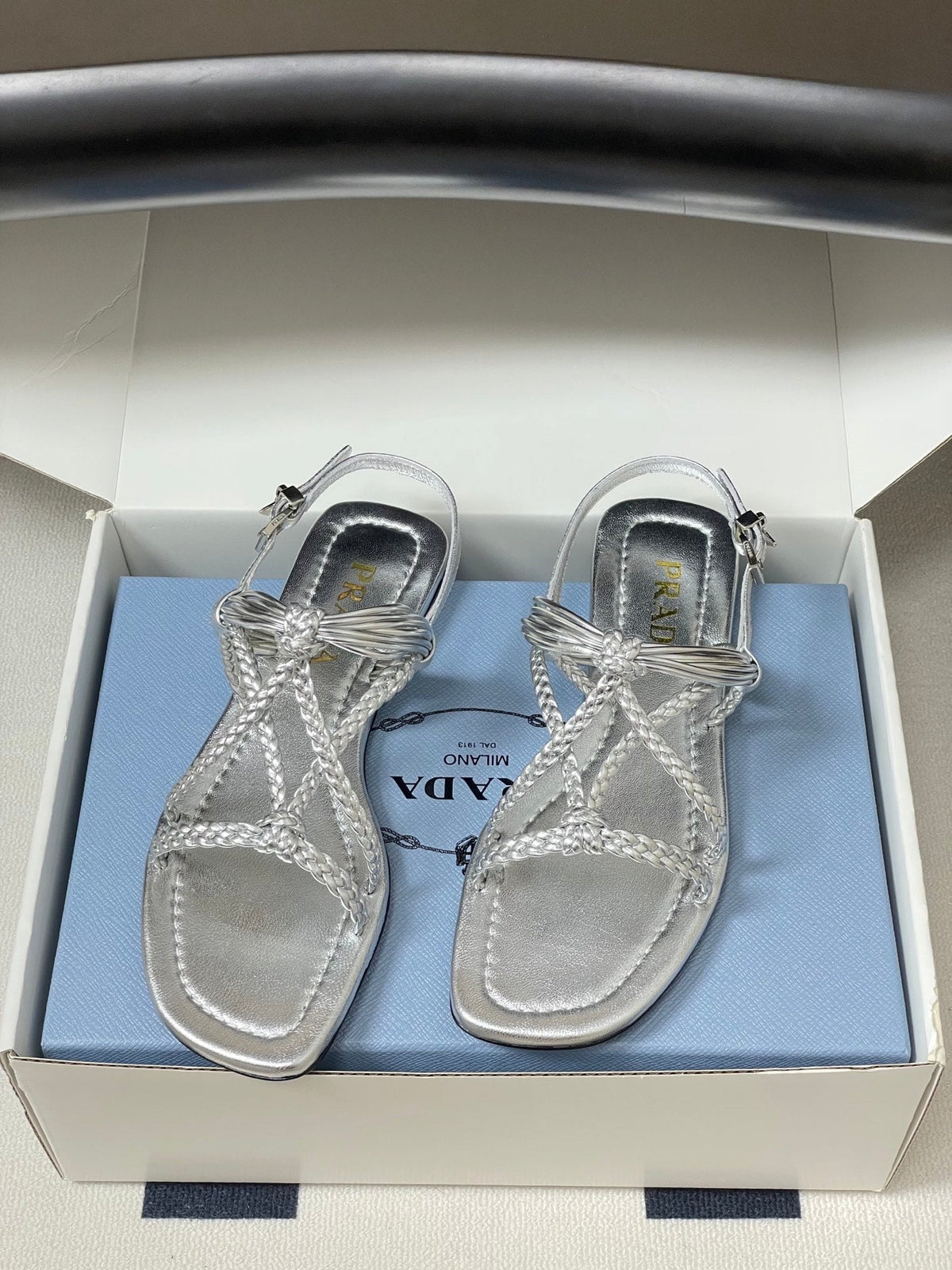 Prada Strappy Flat Sandals Sliver Sheepskin 834810