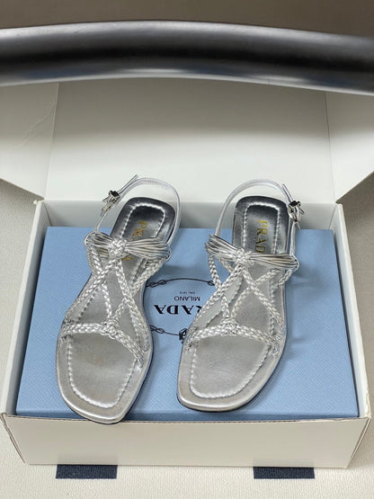 Prada Strappy Flat Sandals Sliver Sheepskin 834810