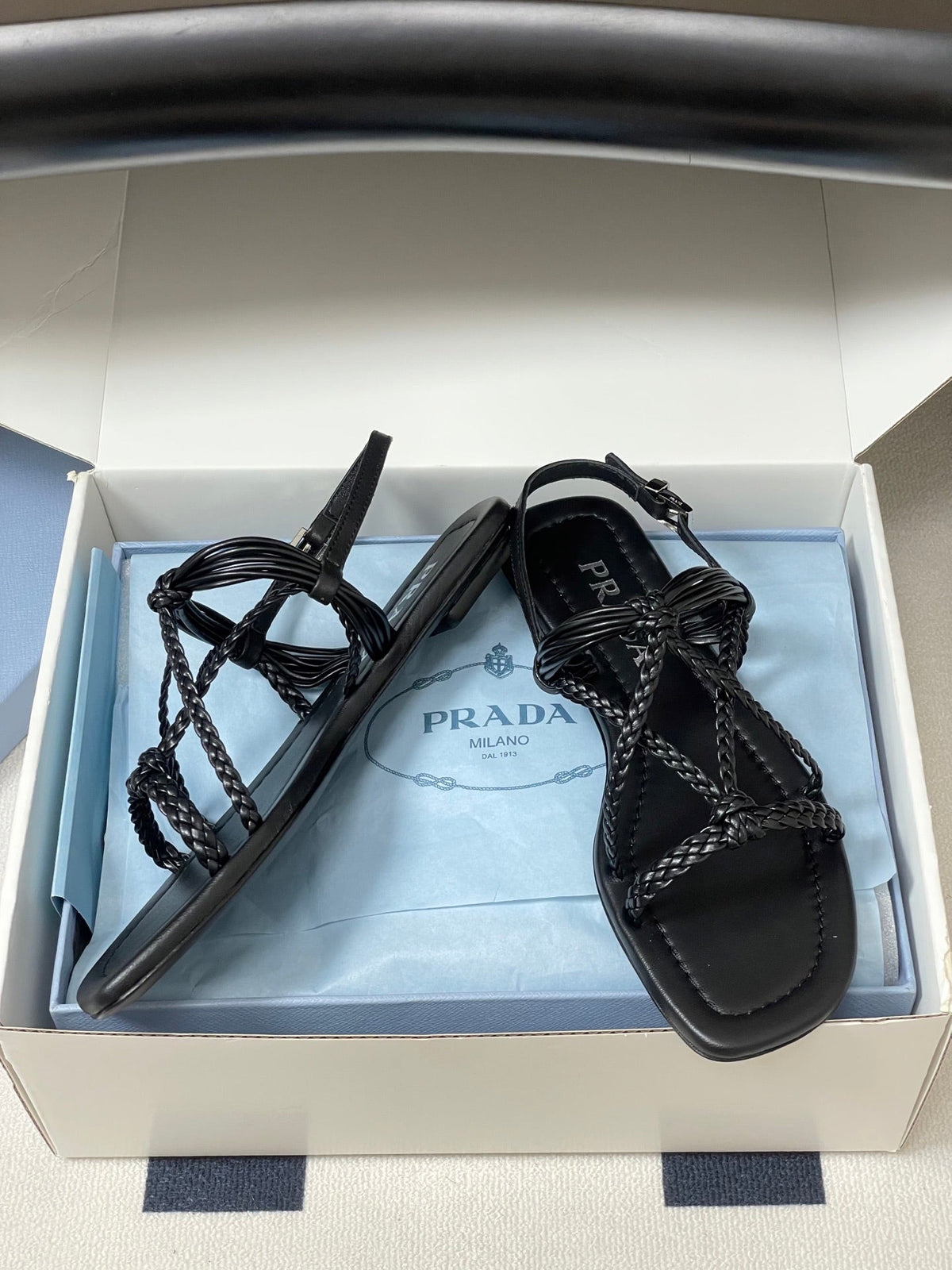Prada Strappy Flat Sandals Black Sheepskin 834811