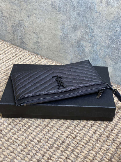 YSL Black Hardware Logo Zipper Clutch 23cm Black Caviar Cowhide