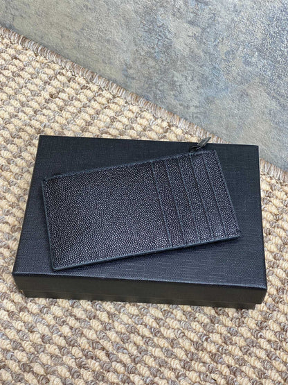 YSL Zip Coin Case With Card Full Black Caviar Cowhide GHW