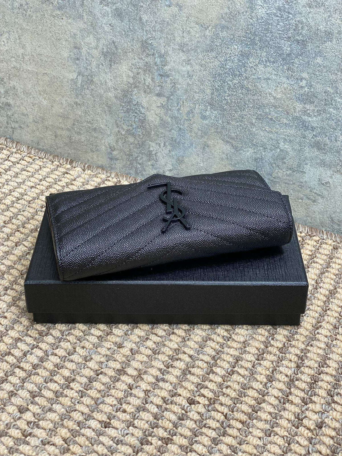 YSL Cassandre Envelope Flap Wallet Full Black Caviar Cowhide