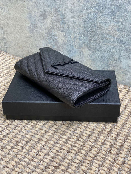 YSL Cassandre Envelope Flap Wallet Full Black Caviar Cowhide