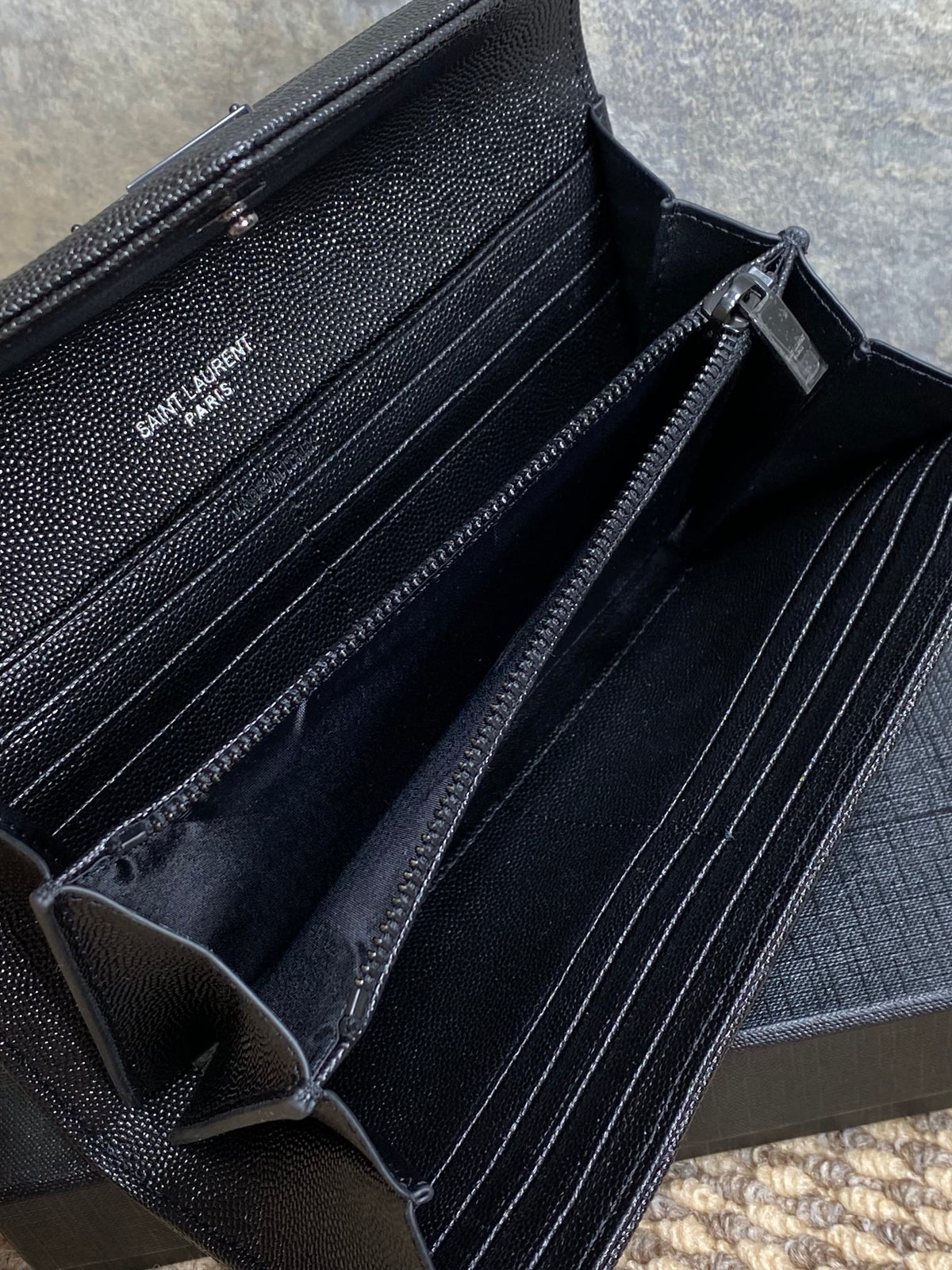 YSL Cassandre Envelope Flap Wallet Full Black Caviar Cowhide