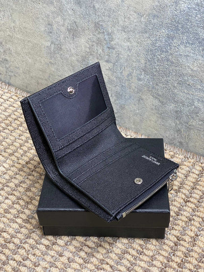 YSL Cassandre Matelassé Bi-Fold Wallet Black Caviar Cowhide Sliver HW