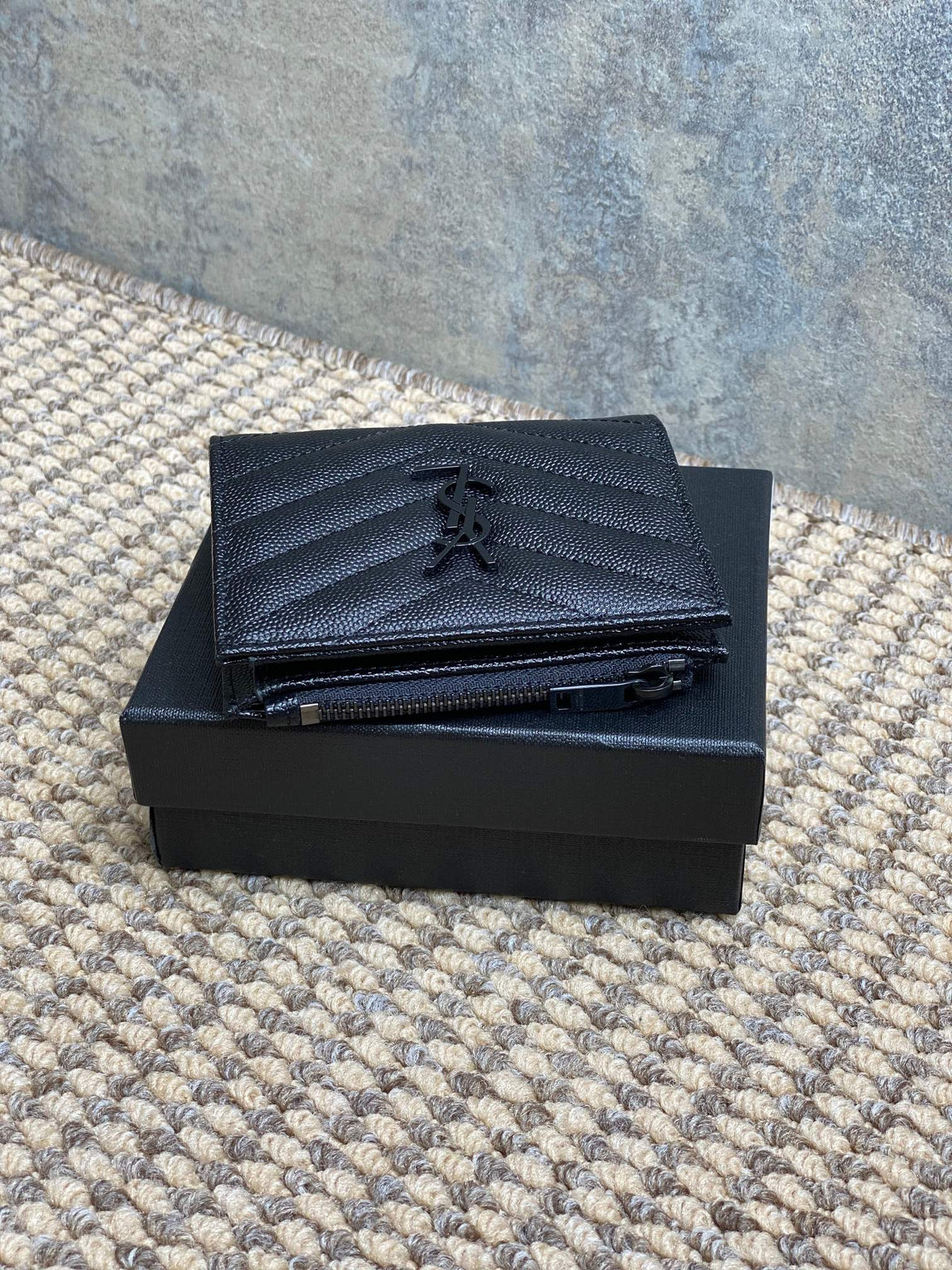 YSL Cassandre Matelassé Bi-Fold Wallet Full Black Caviar Cowhide