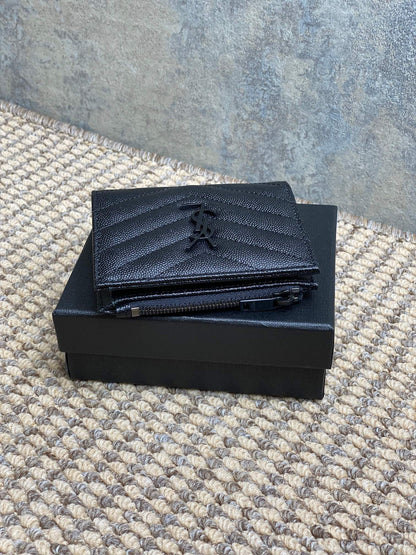 YSL Cassandre Matelassé Bi-Fold Wallet Full Black Caviar Cowhide