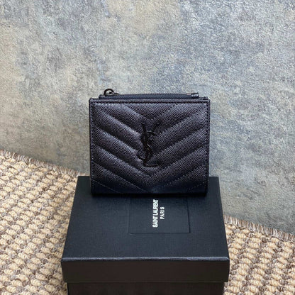 YSL Cassandre Matelassé Bi-Fold Wallet Full Black Caviar Cowhide