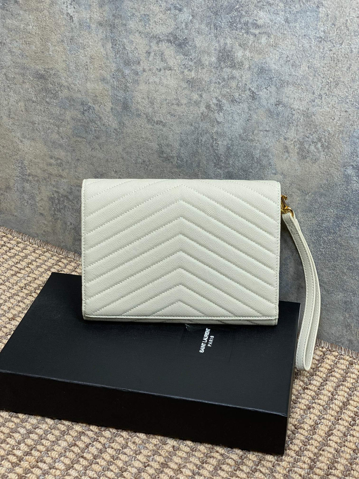 YSL Gold Hardware Logo Clutch 21cm White Caviar Cowhide