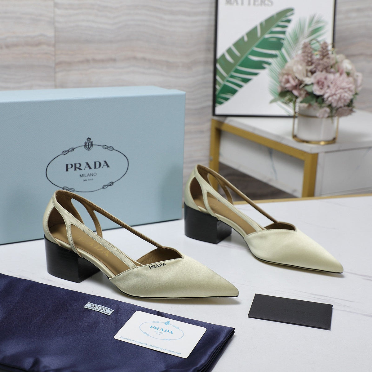 Prada Cutout Satin Pointy-Toe Pump 50mm Off-White Satin 456275