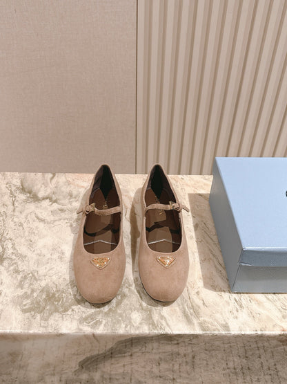 PRA 25s Ballet Flats with Small Buckle Light Brown Suede 449707