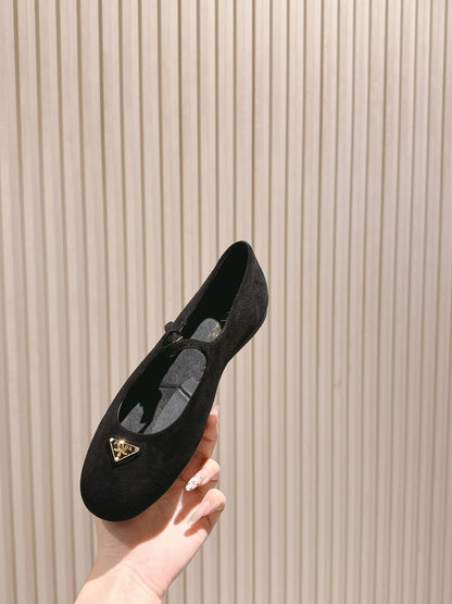 PRA 25s Ballet Flats with Small Buckle Black Suede 449710