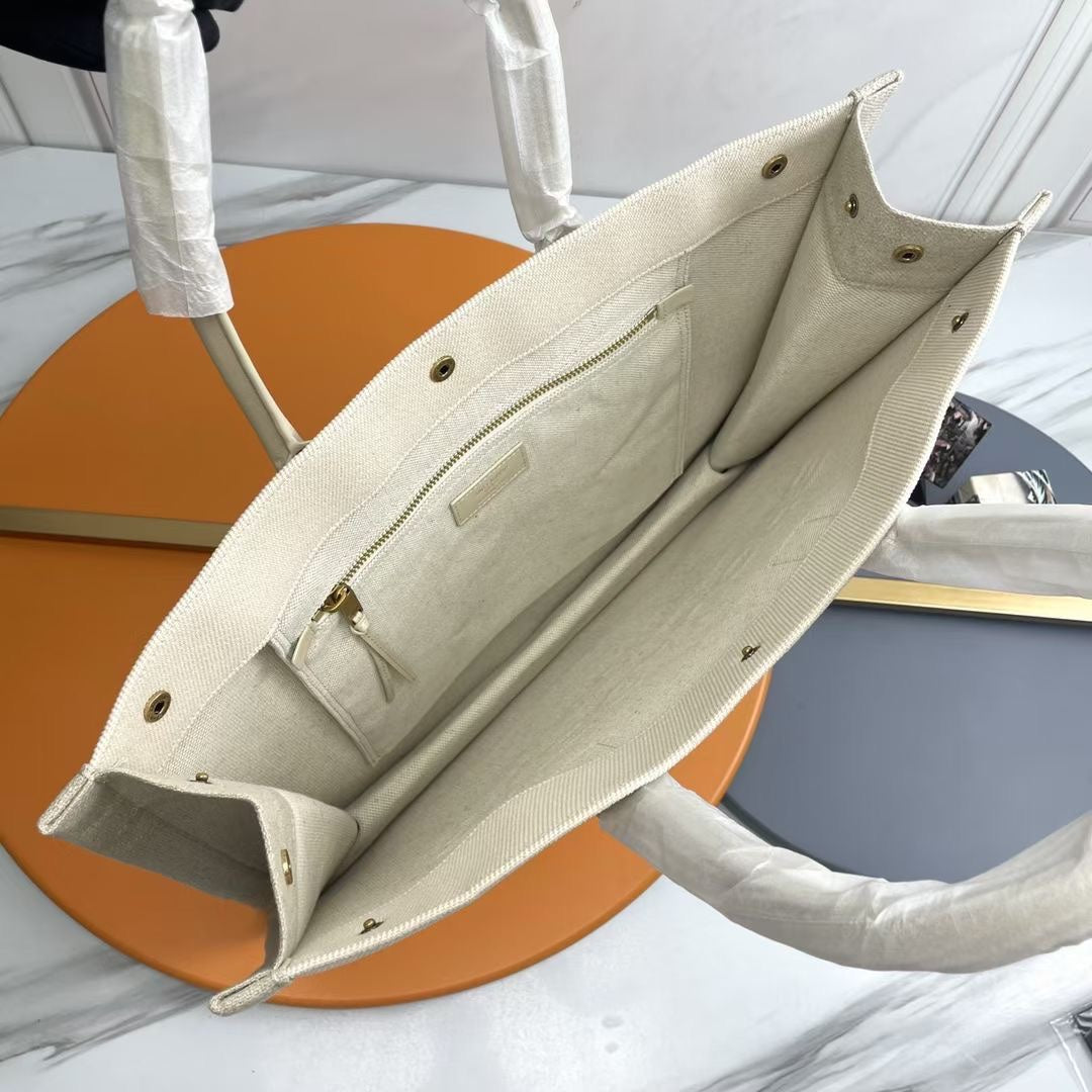 Rive Gauche Tote Ivory Canvas Leather Trim 286036