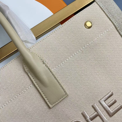 Rive Gauche Tote Ivory Canvas Leather Trim 286036