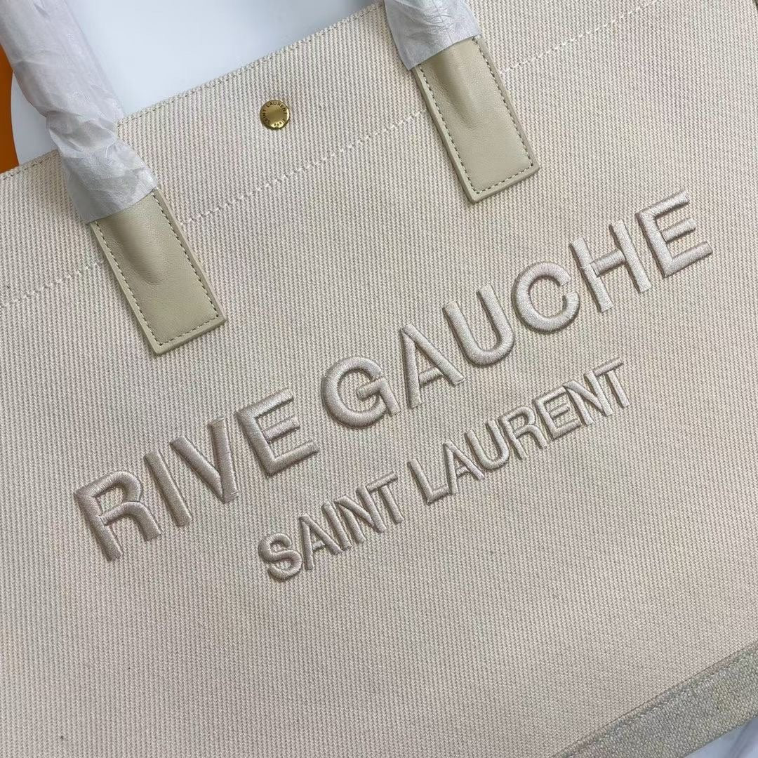 Rive Gauche Tote Ivory Canvas Leather Trim 286036