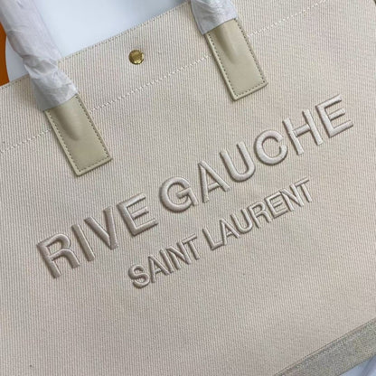 Rive Gauche Tote Ivory Canvas Leather Trim 286036