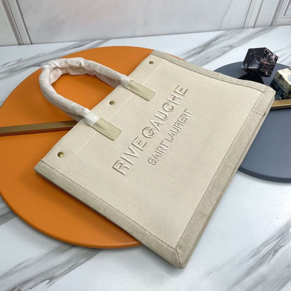 Rive Gauche Tote Ivory Canvas Leather Trim 286036