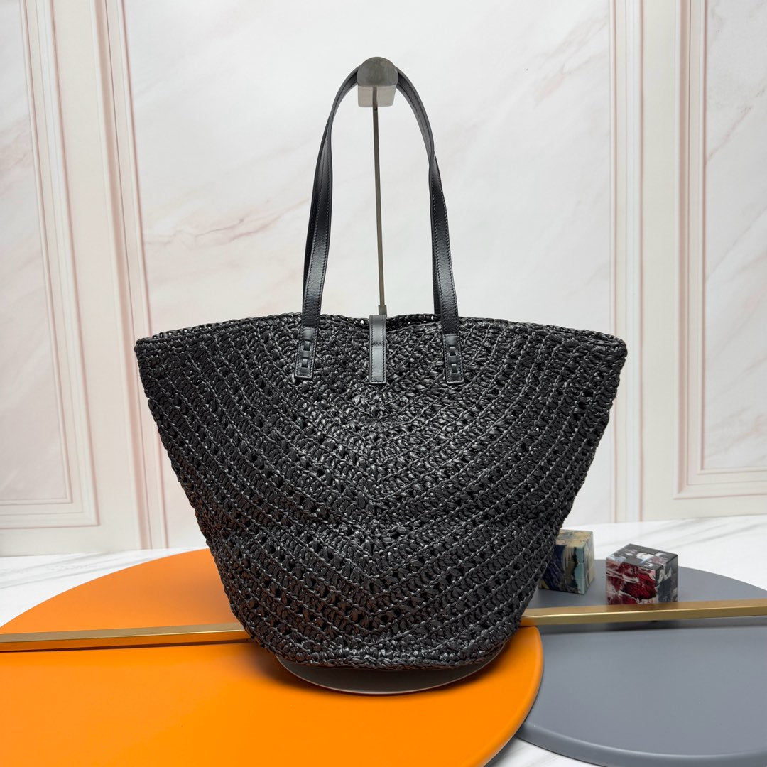 YSL Panier Tote Bag 44cm Black in Raffia 285710