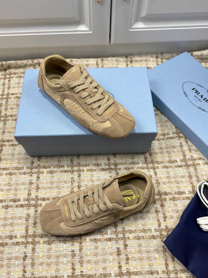 Prada 26s Low Top Sneakers In Olive Brown Nylon And Suede