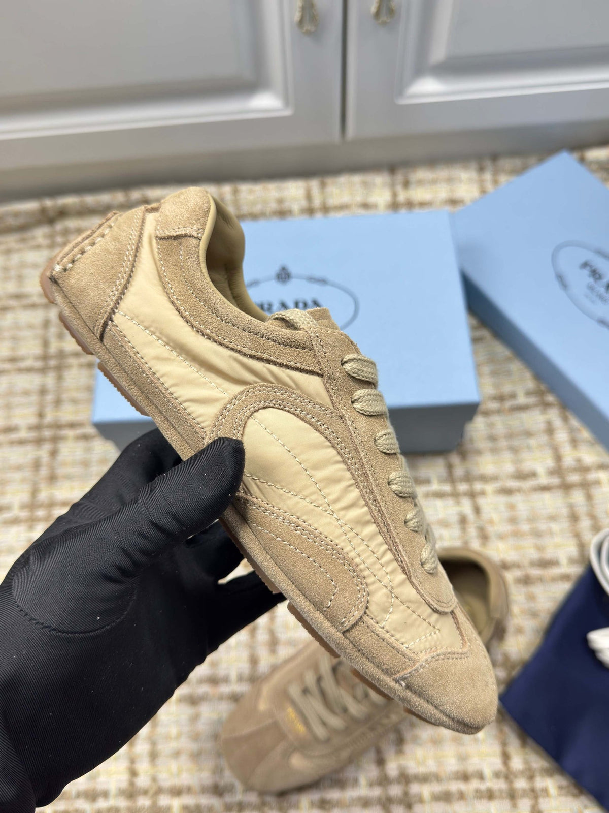 Prada 26s Low Top Sneakers In Olive Brown Nylon And Suede